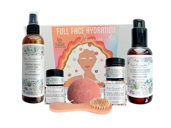 Facial Skincare Kit, Natural Skin Care Gift Set, Facial Cleanser, Vitamin C Cream, Rose Eye Cream, Lavender Mist, Dry Brush for Face, Facial Giftset for Women, Birthday Gifts for Women-VivaGrace Women