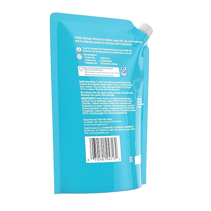 Neutrogena Hydro Boost Lightweight Hydrating Facial Cleansing Gel, Gentle Face Wash & Makeup Remover with Hyaluronic Acid, Hypoallergenic & Non Comedogenic, Refill Pouch, 16 fl. oz