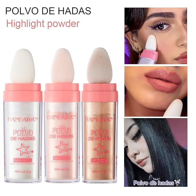 AKARY Shimmer Highlighter Powder, Fairy Polvo De Hadas Highlighter Powder & Blush Stick, Instant Glow Luminizer Duo, Glitter Body Face Hair High Gloss Stick, Sparkle Smudge-Proof Highlighter Stick Party Makeup (#03 Golden Brown)-VivaGrace Women