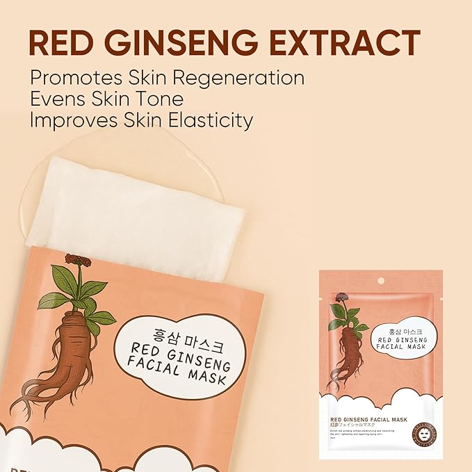 10Pack Sheet Face Masks Skincare for All Skin Types, Moisturizing Hydrating Face Masks Suitable for Sensitive Skin, Red Ginseng Face Masks for Wrinkles, Fine-Lines, Firmness and Elasticity-VivaGrace Women