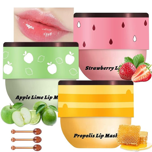 3 PCS Bee Lip Balm Honey Pot, Honey & Strawberry & Apple Lime Lip Mask Overnight Propolis Moisturizing Lip Balm Hydrating Prevention Dry and Crack Lip Scrubs Exfoliator Lip Wrinkle Care (Set A)-VivaGrace Women