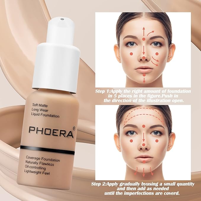 PHOERA Foundation Makeup Naturally Liquid Foundation Full Coverage Mattle Oil-Control Concealer 8 Colors Optional,Great Choice For Gift (#106 Warm Sun,30ml)-VivaGrace Women