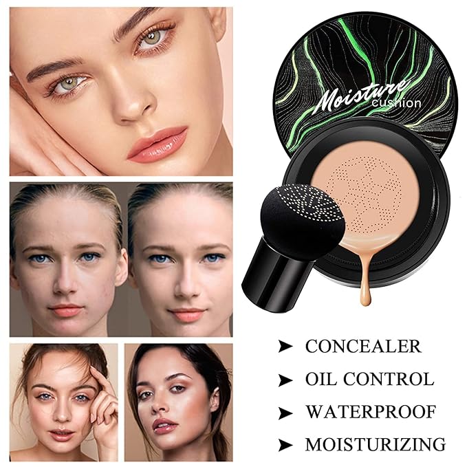 2 PCS Mushroom Head Air Cushion CC Cream Nature Foundation,Foundation Brush Powder Brush,Moisturizing Concealer, Bright Makeup Base Long Lasting with Mushroom Makeup Sponge(#03 Warm Nude)-VivaGrace Women