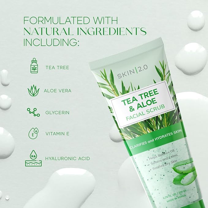 Tea Tree & Aloe Exfoliating Scrub - Dermatologist Tested, Multi-Tasking Cleanser, Clears Skin - Anti-Aging, Clean Beauty, Cruelty-Free Korean Skincare for All Skin Types - 6.76 Fl Oz / 200ML-VivaGrace Women