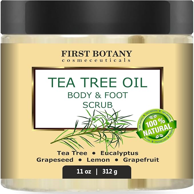 First Botany 100% Natural Tea Tree Oil Body & Foot Scrub with Salt - Best for Acne, Dandruff and Warts, Corns, Calluses, Athlete foot, Jock Itch & Body Odor-VivaGrace Women