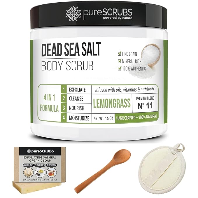 pureSCRUBS Premium Lemongrass Dead Sea Salt Body Exfoliator Scrub, Full Exfoliating Body Scrubber - Large 16oz Jar, Filled With Essential Oils, Includes Spoon, Loofah & Exfoliating Skin Soap-VivaGrace Women