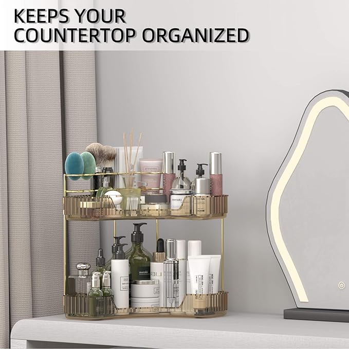 Corner Bathroom Counter Organizer with Top Toothbrush Holders, 2-Tier Make Up Organizers for Vanity with Brush Holder, Corner Storage for Bathroom, Kitchen, Dresser-VivaGrace Women