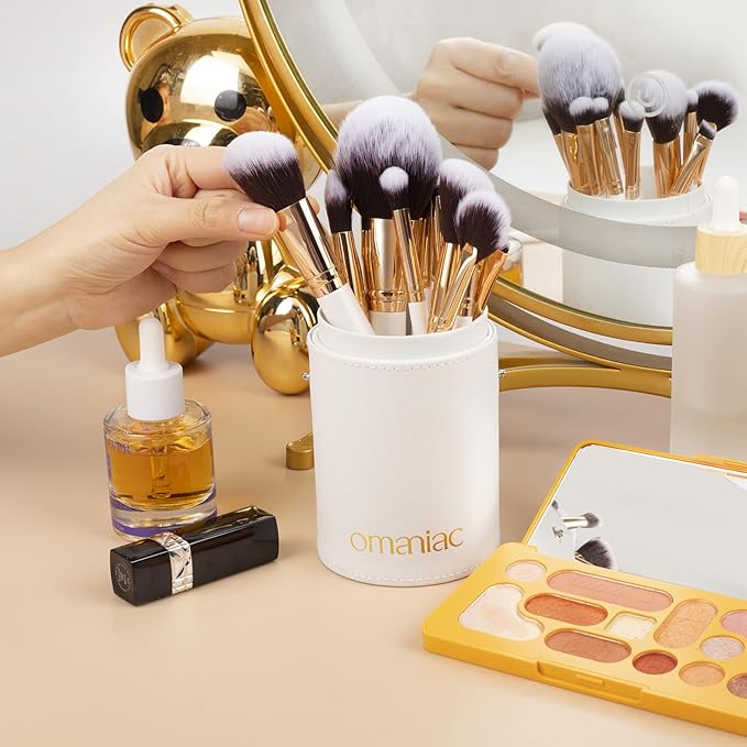 OMANIAC Makeup Brush Set Professional, 12 Pearlescent Wood Handle Makeup Brushes, Premium Cruelty-Free Synthetic Fiber Hair, Travel Make up Brushes Set with Case (White).-VivaGrace Women