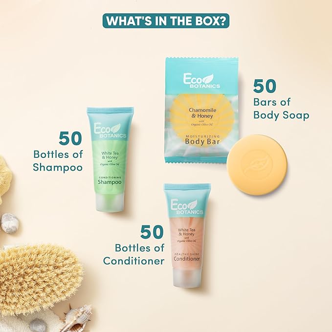 Eco Botanics Hotel Soaps and Toiletries Bulk Set | 1-Shoppe All-In-Kit Amenities for Hotels & Airbnb | 0.85 oz Hotel Shampoo & Conditioner, 0.89 oz Bar Soap Travel Size | 150 Pieces-VivaGrace Women