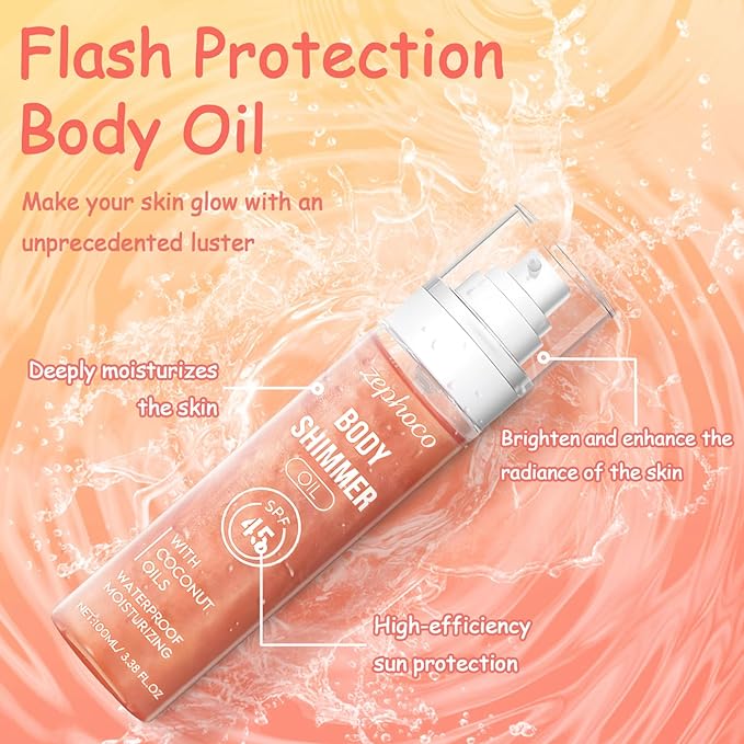 Broad Spectrum SPF 50 Sheer Body Sunscreen Setting Mist Sunscreen Body Glow Oil Spray for Face & Body with Gold Mica Sun-kissed Glow Skin Illuminator Hydrating Non-Greasy (A)-VivaGrace Women