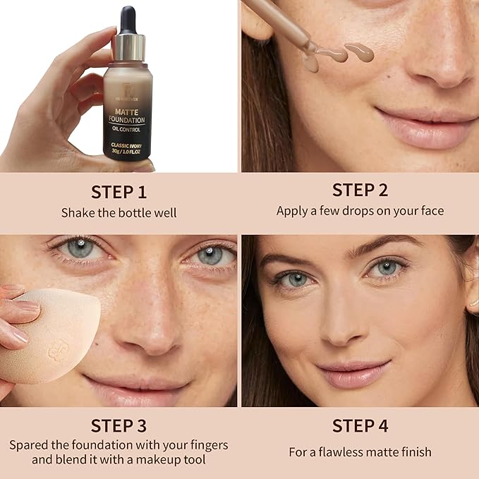 FV Full Coverage Liquid Foundation Makeup, Long Lasting Matte Foundation with Flawless Finish, Concealing & Minimizing Pores, Oil Control Waterproof for Oily Combination Skin, 1 Fl. Oz(Classic Ivory)-VivaGrace Women