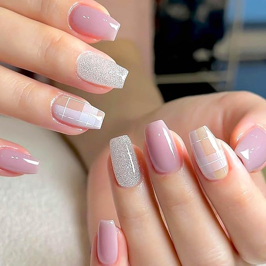 Medium Coffin Press on Nails Pink Fake Nails Silver Glitter False Nails with Designs Coffin Nail Press ons Full Cover Glue on Nails Glossy Artificial Nails Cute Stick on Nails for Women 24Pcs