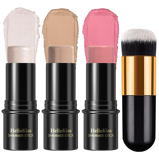 3 Pcs Face Contour Stick Kit, Matte Finish Face Stick Trio with Bronzer Blush Highlighter and Brush, Long Lasting Waterproof Cream Beauty Wand Makeup Set for Sculpt Glowing Face Look (#1, 8, 13)-VivaGrace Women