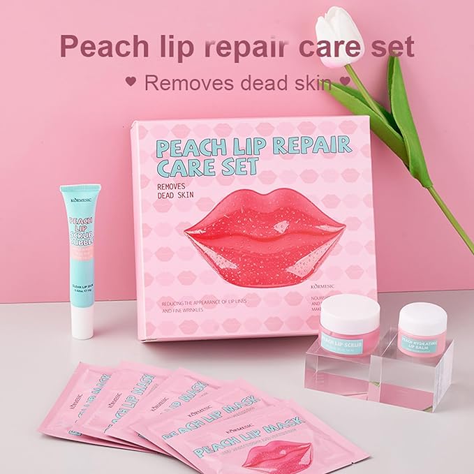 4 In 1 Peach Lip Care Kit With Lip Exfoliator Scrub And Moisturizer, Peach Scrub Bubble, Hydrating Lip Mask, Lip Scrubs Gentle Exfoliating, Instant Moisturizing, Lip Balm Hydrating For Very Dry Lips-VivaGrace Women
