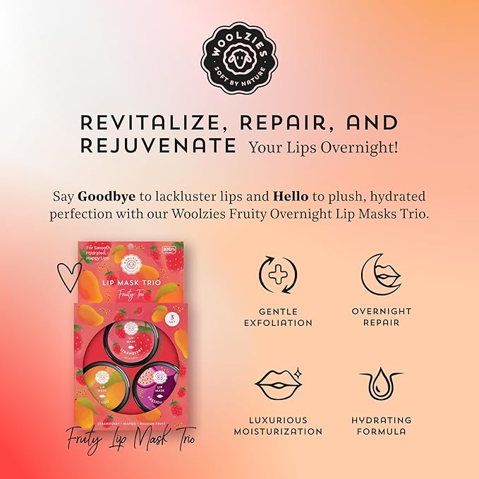 Overnight Lip Sleeping Masks Trio - Set of 3 All Natural Hydrating Lip Treatment - Overnight Repair for Soft, Smooth, Hydrated Lips (3 Pack, Fruity Trio)-VivaGrace Women
