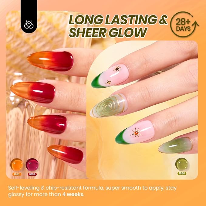 Beetles Jelly Gel Nail Polish Set - 6 Colors Yellow Orange Burgundy Red Purple Green Fall Gel Polish Kit Sheer Translucent Effect Soak off UV Nail Art Autumn Prism Series Manicure Gift for Women-VivaGrace Women