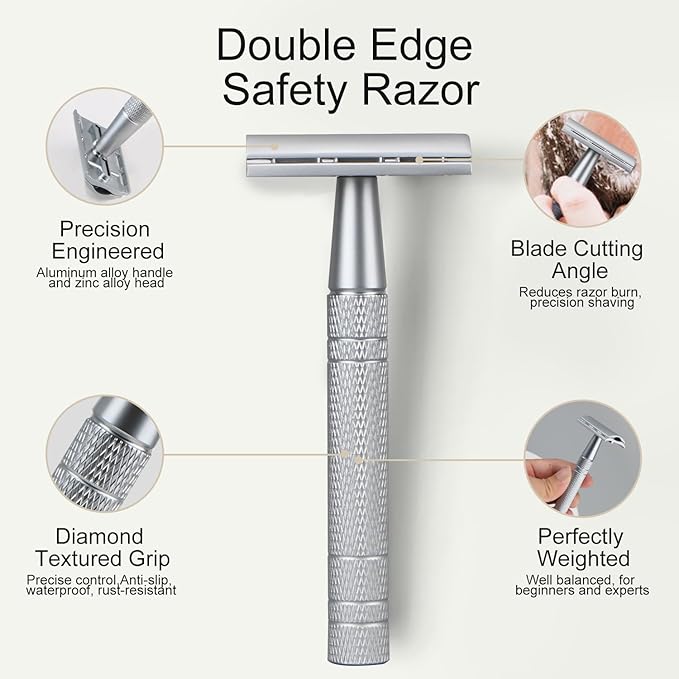 Double Edge Safety Razor, Single Blade Razors for Men and Women, with 10 Double Edge Blades, Reusable Metal 1 Blade Razor, Eco-Friendly, Zero Waste, Smooth and Close Shave, Matte Silver-VivaGrace Women
