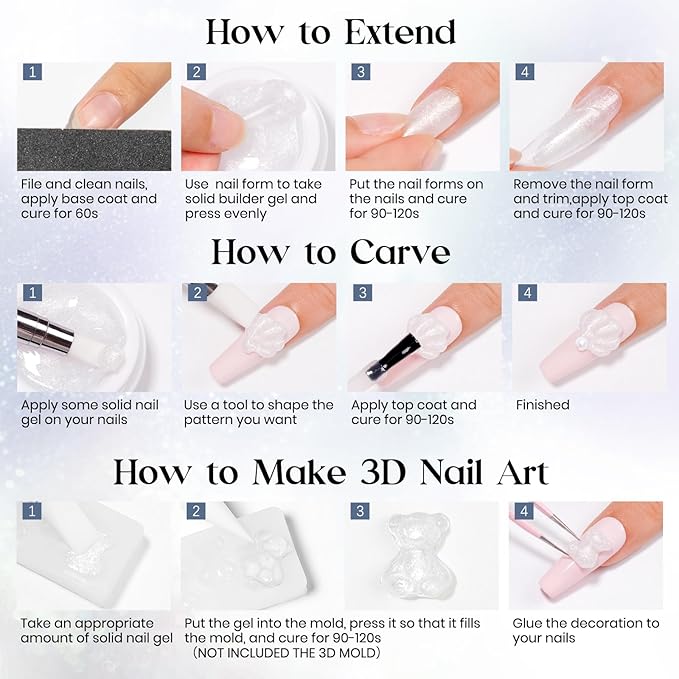 MIZHSE Solid Builder Gel, Aurora White Non-Sticky Hand Sculpting Gel for Nails, Mermaid Pearl 3D Nail Art Building Carving Modeling Hard Extension Soak Off U V LED Manicure Salon Home DIY 15g-VivaGrace Women