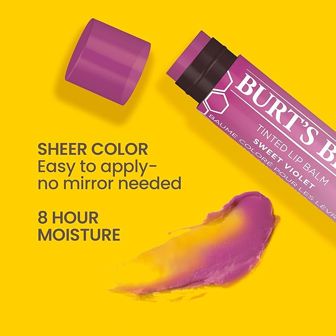 Burt's Bees Lip Tint Balm with Long Lasting 2 in 1 Duo Tinted Balm Formula, Color Infused with Deeply Hydrating Shea Butter for a Natural Looking Buildable Finish, Sweet Violet (2-Pack)-VivaGrace Women