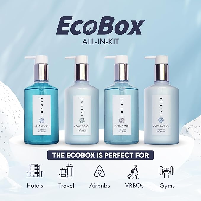 1-Shoppe Infuse 40 Piece Ecobox All-In-Kit | White Tea and Coconut Soap | 12 Shampoo, 8 Conditioner, 12 Body Wash & 8 Lotion | 10oz Hotel Soaps and Toiletries Bulk | Personal Care Products-VivaGrace Women