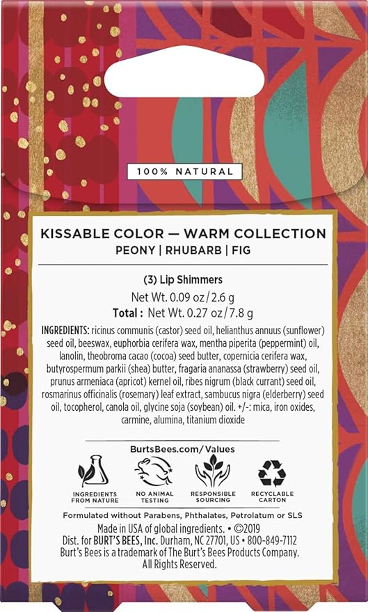 Burt's Bees Kissable Color Holiday Gift Set, 3 Lip Shimmers in Gift Box, Warm Collection in Peony, Fig & Rhubarb-VivaGrace Women