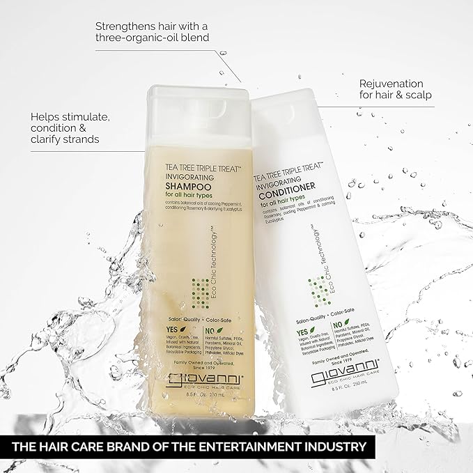 GIOVANNI Tea Tree Triple Treat Invigorating Shampoo & Conditioner Set - Cooling Peppermint, Eucalyptus, Rosemary, Helps Dry, Flaky Scalp, Salon Quality, Vegan, Cruelty Free - 8.5 oz Each-VivaGrace Women