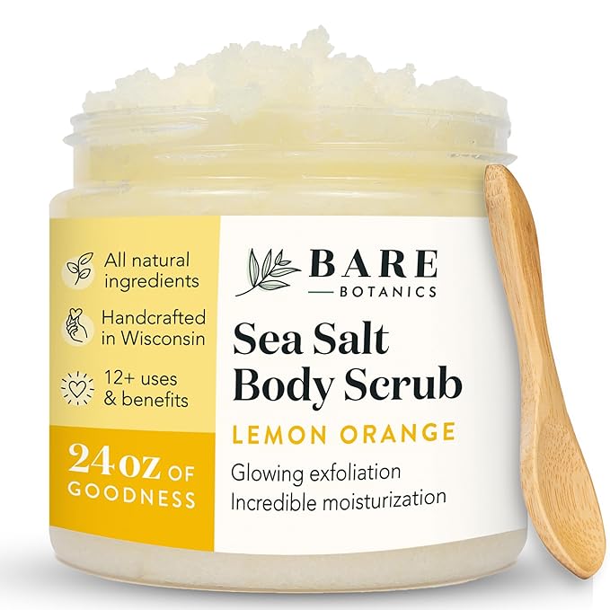 Bare Botanics Lemon Orange Body Scrub 24oz | Made in Madison, WI | All Natural Sea Salt Exfoliator w/ Skin Loving Moisturizers | Vegan & Cruelty Free | Gift Ready Packaging w/ a Cute Wooden Spoon-VivaGrace Women