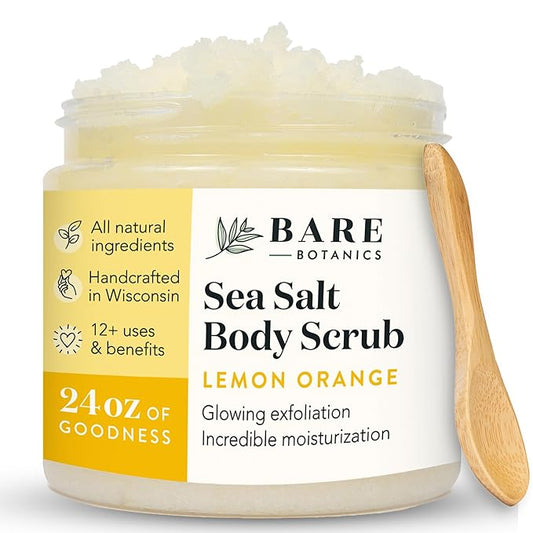 Bare Botanics Lemon Orange Body Scrub 24oz | Made in Madison, WI | All Natural Sea Salt Exfoliator w/ Skin Loving Moisturizers | Vegan & Cruelty Free | Gift Ready Packaging w/ a Cute Wooden Spoon-VivaGrace Women