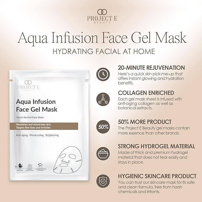 Project E Beauty Aqua Infusion Face Gel Mask Moisturizing, Hydrating & Anti-Aging | Removes Fine Lines | Brightening Collagen Face Mask | Skincare Routine | Hydrogel Sheet Masks | 5 Pack-VivaGrace Women