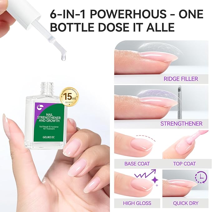 gelike ec Clear Nail Polish Strengthener and Growth: 15ml Natural Nail Hardener Extra Strong and Growth - Long Lasting Repair for Damaged Nails - Growth Oil for Daily Work Home Salon Gift