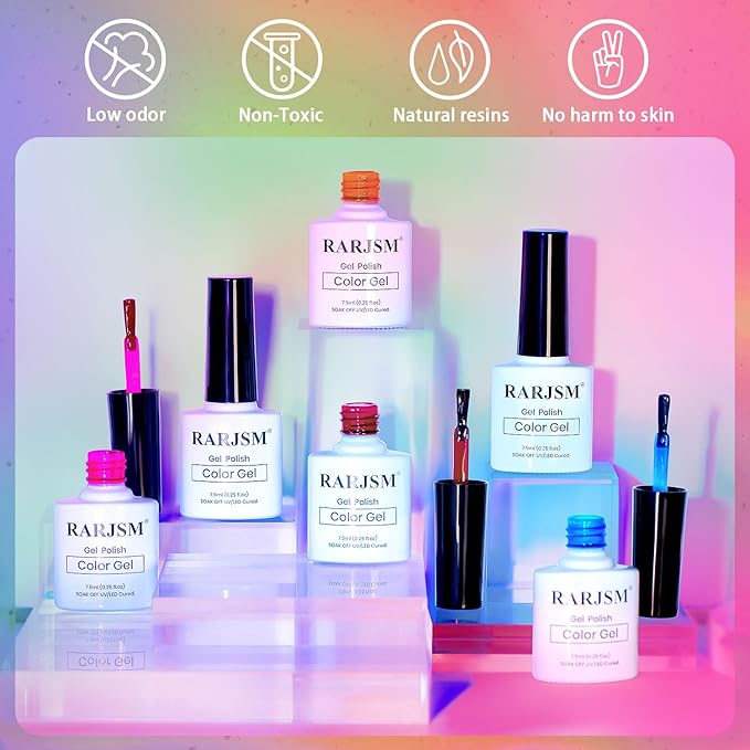 RARJSM Colorful Stained Glass Gel Nail Polish Set 6pcs Clear Crytal Blue Green Yellow Orange Red Neon Pink Series Transparent Sheer Amber Milky Gel Varnish LED UV Curing Requires French Manicure-VivaGrace Women
