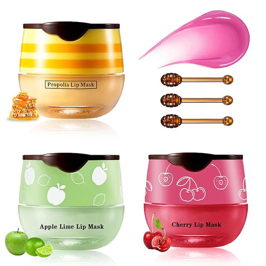 Honey Pot Lip Balm,3PCS Bee Lip Balm Honey Pot Cherry Apple Lip Scrub,Fade Lip Lines Lip Mask Overnight Prevention Dry and Cracked Lip Sleeping Mask (Honey+Apple+Cherry)-VivaGrace Women