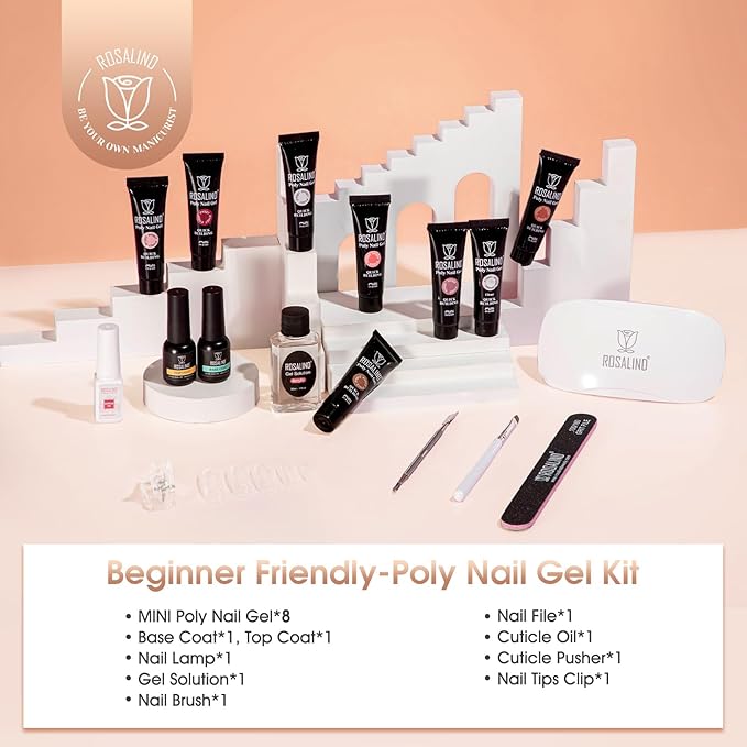 ROSALIND Poly Nail Gel Kit -8 Colors + Nail Art Accessories Kit Neon Poly Nails Gel Kit Starter Kit With Slip Solution Pro Clear Bright Colors Nail Extensions Gel Set with Mini UV Lamp-VivaGrace Women