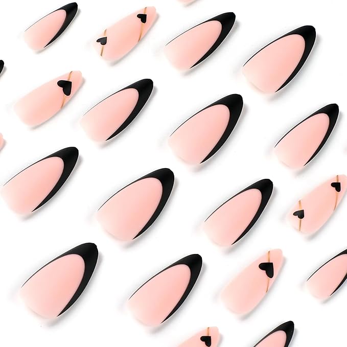 Black French Tip Press on Nails Medium Almond Fake Nails with Black Heart Design Gold Line Stick on Nails Glossy Acrylic Full Cover Glue on Nails Stiletto False Nail For Women Mother's Day Manicure