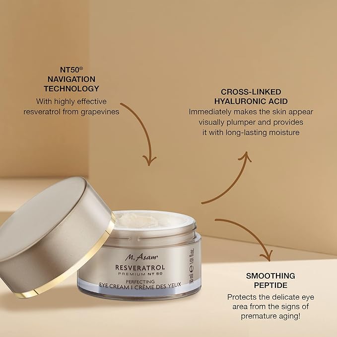 M. Asam Resveratrol Premium NT50 Perfecting Eye Cream – Anti-aging under eye cream with resveratrol & hyaluronic acid to smooth wrinkles & fine lines, vegan formula, 1.01 Fl Oz-VivaGrace Women