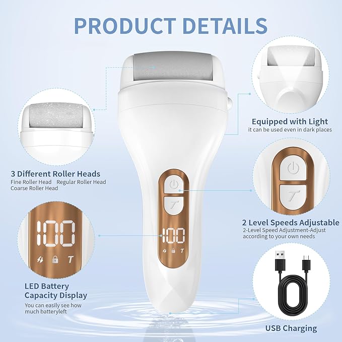 Electric Callus Remover for Feet - with Larger Grinding Head, Portable Pedicure Kit Foot File Callus Remover, Rechargeable Waterproof Foot File for Foot Care Deadskin Remover LCD Display-White-VivaGrace Women
