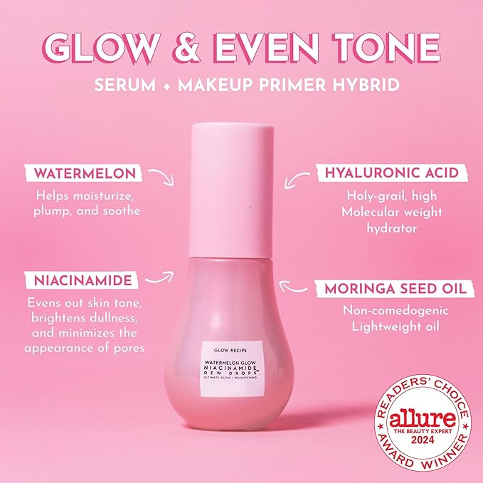 Glow Recipe Watermelon Niacinamide Dew Drops, Travel Size - Brightening, Plumping Hydrating Face Serum, Makeup Primer + Liquid Highlighter with Hyaluronic Acid - Dewy & Glowing Korean Skin Care (15ml)-VivaGrace Women