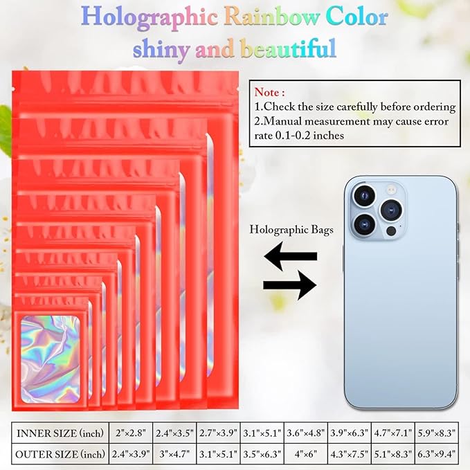 ANZNKU 100 Pcs Smell Proof Mylar Resealable Bags, Holographic Packaging Bags, Resealable Odor Foil Pouch Zip Bags with Clear Window for Food Storage and Lipgloss, Jewelry Lash (Red, 3.9 x 7.1 Inch)-VivaGrace Women