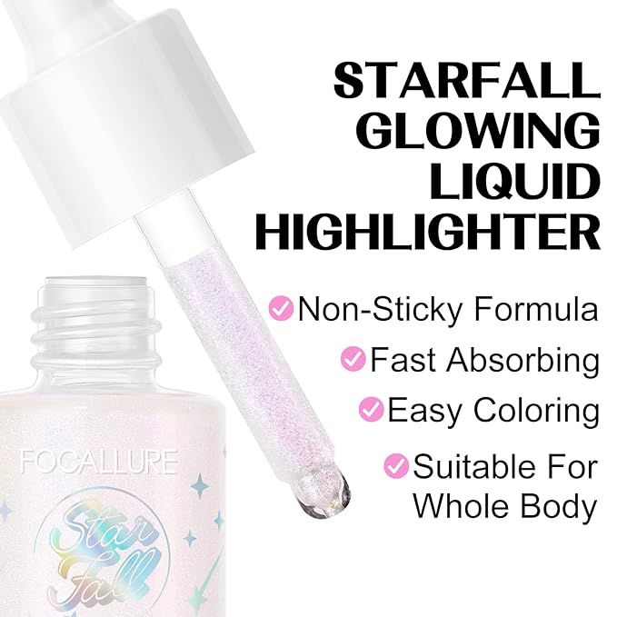 FOCALLURE Starfall Glowing Liquid Highlighter, Shimmering Body Oil, Non-Sticky Shimmer Liquid Luminizer, Non-Greasy, Face & Body Glitter Makeup for Costumes, Cosplay, Rave Festival, ORION-VivaGrace Women