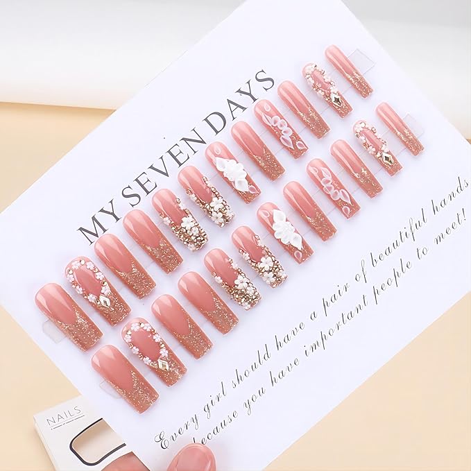 Long Press Pink Coffin Fake Nails with French Tip, 5D White Flower Designs, Gold Rhinestones, Glossy Glue on Nails for Women