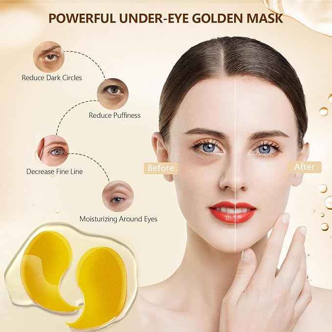 60 Pcs 24K Gold Under Eye Patches, 30 Pairs Undereye Mask for Dark Circles Puffy Eyes Treatment, Collagen Gel Pads Hydrating for Puffiness Wrinkle Eye Bags, Women Men Beauty Skin Care Products-VivaGrace Women