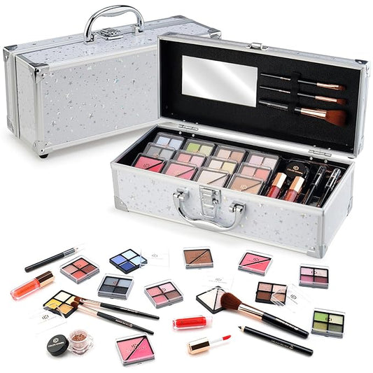 Color Nymph Beginners Makeup Kit With Train Case For Teenagers Girls, Full Starter Cosmetics Set Included 32 Colors Eyeshadow, Glitter Cream, Blush, Highlighter, Lip Gloss and Brush (White)-VivaGrace Women