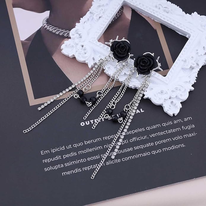 Punk Black Rose Flower Earring Long Rhinestone Chain Drop Earrings Silver Cz Tassel Chain Earrings Black Rose Flower Ear Cuff Earring Jewelry for Women-VivaGrace Women
