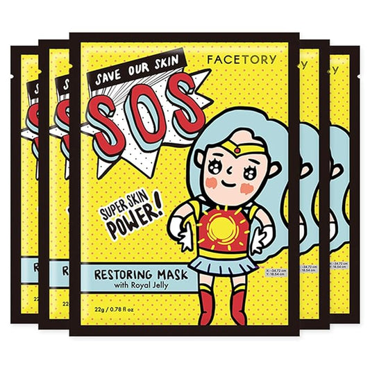 FACETORY K Beauty Face Mask Skin Care - SOS SAVE OUR SKIN RESTORING Sheet Mask with Royal Jelly & Aloe | Calm Inflammation, Dewy Skin (5 Pack)