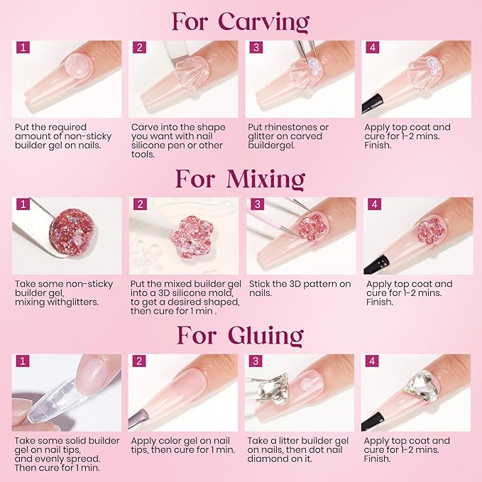 MIZHSE Solid Builder Gel for nails, 3 Colors Sculpting Gel for Nails, Clear White Pink Non-Sticky Hand 3D Nail Art Building Carving Modeling Hard Nail Extension Manicure Salon Home DIY Gift-VivaGrace Women