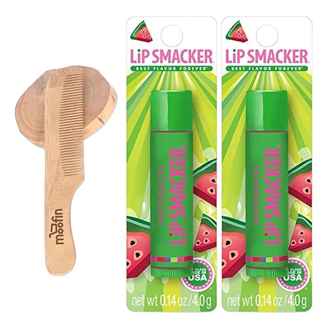 Lip Smacker Water melon Flavored Balm, Glossy Balm for Soft, Shiny s, gloss Hydrating Clear Shine, Built in USA, Bundle with Moofin Wooden Comb, skin care [Pack of 2]-VivaGrace Women