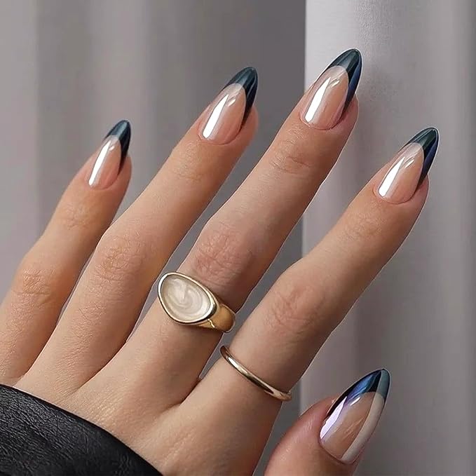 Medium Fake Nails Almond Press on Nails with Chrome Designs French Tip Glue on Nails Black Glossy False Nails for Women and Girls