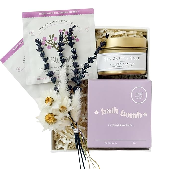 Unboxme Gifts Mini Lavender Spa Gift Set - Relaxation Gift Basket for Women - Self Care Package with Lavender Candle, Bath Bomb, Soap, Greeting Card & More-VivaGrace Women