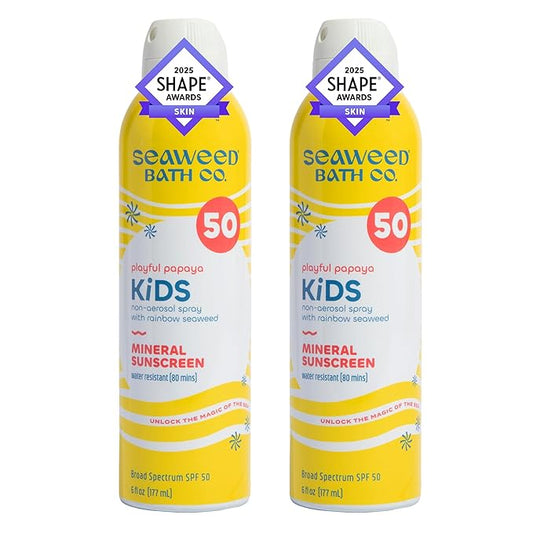 Seaweed Bath Co. Kid's Mineral SPF 50 Broad Spectrum Sunscreen Spray, 6 Ounce (Pack of 2), Papaya Scented, Water Resistant, Tear Free, Sensitive Formula, with Zinc Oxide, Rainbow Seaweed, Watermelon