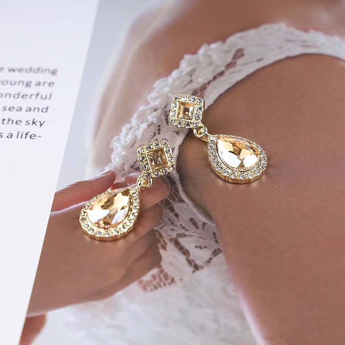 Vintage Crystal Teardrop Earrings Rhinestone Drop Earrings Sparkly Cz Teardrop Dangle Earrings Gold Square Gem Stud Earrings Jewelry for Women-VivaGrace Women